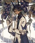  1boy artist_name braid braided_ponytail clipboard closed_mouth collared_shirt commentary_request dark-skinned_male dark_skin experiment food fruit gloves grapes hair_between_eyes holding holding_clipboard holding_syringe horns ice_god_(jimini_shijimi) instagram_username iv_stand jimini_shijimi lab_coat light_smile long_hair long_sleeves looking_at_viewer original purple_hair purple_shirt shirt skeb_username solo syringe tail twitter_username very_long_tail white_gloves wide_sleeves 