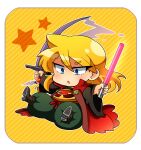  1boy armor asymmetrical_dual_wielding bad_id bad_pixiv_id blonde_hair blue_eyes chibi chibi_only diagonal-striped_background dual_wielding full_body green_pants hair_between_eyes holding holding_sword holding_weapon japanese_armor katana kujura_(sekaiju) looking_down male_focus medium_hair multiple_swords outline pants parted_lips puffy_pants sekaiju_no_meikyuu sekaiju_no_meikyuu_3 solo star_(symbol) striped_background sword weapon white_outline wide_sleeves yasaitabeyou0 