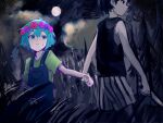  2boys absurdres antenna_hair basil_(headspace)_(omori) basil_(omori) black_eyes black_hair black_tank_top blue_overalls closed_mouth colored_skin double-parted_bangs flower flower_wreath full_moon green_eyes green_hair green_shirt hair_between_eyes head_wreath highres holding holding_another's_wrist holding_knife knife looking_at_another male_focus moon multiple_boys omore47858045 omori omori_(omori) overalls shirt short_sleeves shorts sidelocks striped_clothes striped_shorts sweat t-shirt tank_top vertical-striped_clothes vertical-striped_shorts white_shorts white_skin 