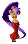  1girl armpits arms_up bandeau big_hair blue_eyes blush bracer breasts choker cleavage commentary dark-skinned_female dark_skin earrings english_commentary genie gold_bracer harem_pants highres hoop_earrings jewelry long_hair looking_at_viewer medium_breasts navel o-ring o-ring_top open_mouth pants pointy_ears pointy_shoes ponytail purple_hair red_bandeau red_shoes revenantart shantae shantae_(series) shoes simple_background smile solo stomach teeth tiara upper_teeth_only very_long_hair white_background 