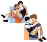  3boys antenna_hair black_eyes black_hair black_shoes black_sweater_vest blue_sweater blush bright_pupils brothers brown_hair brown_shorts carrying closed_mouth collared_shirt commentary_request dark-skinned_male dark_skin double-parted_bangs english_commentary hero_(faraway)_(omori) hero_(omori) highres kel_(faraway)_(omori) kel_(omori) looking_at_another male_focus mixed-language_commentary multiple_boys omori open_mouth princess_carry ryuichirouart shirt shoes short_sleeves shorts siblings smile socks sunny_(omori) sweater sweater_vest teeth upper_teeth_only white_pupils white_shirt white_socks yaoi 