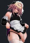  1boy absurdres alt_text androgynous astolfo_(fate) black_panties blush braid clothes_lift commentary crossdressing crossdressing_(mtf) double-parted_bangs english_commentary fang fate/apocrypha fate_(series) foreskin hair_between_eyes hair_intakes highres hyacihyaci large_penis licking_lips long_hair maid maid_headdress male_focus male_maid panties penis purple_eyes seductive_smile single_braid skin_fang skirt skirt_lift smile thick_thighs thighhighs thighs tongue tongue_out trap underwear white_thighhighs 