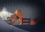  1boy 1girl animal_ears blurry blurry_background body_fur chair commentary completely_nude dagasi fox_boy fox_tail furry furry_female furry_male furry_with_furry grey_fur hetero highres hug hug_from_behind indoors interspecies judy_hopps nick_wilde nude on_chair orange_fur pillow rabbit_ears rabbit_girl sex sex_from_behind sitting sweat tail two-tone_fur zootopia 