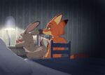  1boy 1girl animal_ears blurry blurry_background body_fur chair closed_mouth commentary completely_nude dagasi fox_boy fox_tail furry furry_female furry_male furry_with_furry green_eyes grey_fur hetero highres hug hug_from_behind indoors interspecies judy_hopps nick_wilde nude on_chair open_mouth orange_fur pillow purple_eyes rabbit_ears rabbit_girl sex sex_from_behind sitting smile sweat tail two-tone_fur zootopia 