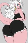  1girl android_21 ass ass_focus black_nails black_shorts blue_eyes breasts choker closed_mouth colored_skin commentary crossed_arms curvy dolphin_shorts dragon_ball dragon_ball_fighterz earrings english_commentary flying_sweatdrops frown hair_between_eyes highres hoop_earrings jewelry kwalker1009 large_breasts long_hair long_tail looking_back majin_android_21 messy_hair pink_skin pointy_ears shorts solo sweat tail thick_thighs thighs white_hair yellow_choker 