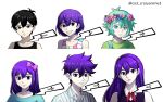  2girls 4boys antenna_hair aubrey_(headspace)_(omori) aubrey_(omori) basil_(headspace)_(omori) basil_(omori) black_eyes black_hair black_tank_top blue_overalls blue_shirt bow brother_and_sister brothers character_name checkered_clothes closed_mouth collarbone collared_pajamas collared_shirt colored_skin commentary crazyanime3 double-parted_bangs english_commentary expressionless flower flower_wreath green_eyes green_hair green_shirt grin hair_behind_ear hair_between_eyes hair_bow head_wreath hero_(headspace)_(omori) hero_(omori) highres kel_(headspace)_(omori) kel_(omori) long_hair mari_(headspace)_(omori) mari_(omori) multiple_boys multiple_girls neckerchief omori omori_(omori) open_mouth overalls pajamas parody persona persona_5 pink_bow purple_eyes purple_hair purple_sweater_vest red_neckerchief shirt short_hair siblings sidelocks simple_background smile striped_clothes striped_pajamas style_parody sweater_vest t-shirt tank_top teeth vertical-striped_clothes vertical-striped_pajamas white_background white_pajamas white_shirt white_skin 
