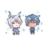  2boys ^_^ angert_(infinity_nikki) aqua_horns aqua_scales aqua_skin black_boots black_eyes black_gloves black_hair black_pants blue_pants blue_tunic blush_stickers boots brown_shirt chibi chinese_commentary chiyunjianbutuzhuzitou circlet closed_eyes closed_mouth coat collared_shirt colored_skin commentary_request corset crossed_arms dark-skinned_male dark_skin dragon_boy dragon_horns expressionless gloves grey_hair grey_shirt hair_between_eyes hand_on_own_hip happy hood hood_down hooded_shirt horns infinity_nikki male_focus medium_hair meghill_(infinity_nikki) multicolored_skin multiple_boys nikki_(series) pants parksolian_(infinity_nikki) parted_bangs pointy_ears shirt simple_background single_hair_intake sleeveless sleeveless_coat smile solid_eyes sparkle tunic two-tone_skin white_background white_coat 