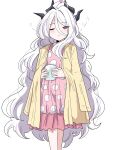  1girl :o ahoge bags_under_eyes black_horns blue_archive cardigan cardigan_on_shoulders commentary cowboy_shot cup demon_horns hair_between_eyes highres hina_(blue_archive) hina_(pajamas)_(blue_archive) holding holding_cup horns long_hair long_sleeves looking_at_viewer messy_hair missing_wings multiple_horns official_alternate_costume one_eye_closed open_mouth pajamas parted_bangs pink_pajamas polka_dot polka_dot_nightgown polka_dot_pajamas purple_eyes simple_background sleepy solo tachikaze_miyako very_long_hair white_background white_hair yellow_cardigan 