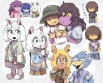  1other 2boys 2girls alternate_costume animal_ears antenna_hair antlers bag berdly_(deltarune) bird_boy blonde_hair blue_pants blue_shirt blush brown_hair brown_shorts bubble_tea bucket_hat closed_eyes closed_mouth collared_shirt colored_skin commentary deer_ears deltarune denim drinking_straw drinking_straw_in_mouth fang food freckles furry furry_female furry_male glasses green-framed_eyewear green_bag green_hat green_shirt grey_shirt grey_shorts hair_between_eyes hat highres holding holding_food holding_ice_cream holding_ice_cream_cone horns ice_cream ice_cream_cone jeans kris_(dark_world)_(deltarune) kris_(deltarune) long_hair long_sleeves looking_at_another looking_at_viewer multiple_boys multiple_girls no_eyes noelle_holiday nomu_poncha open_mouth pants pink_shirt purple_hair purple_skin ralsei red_shoes reindeer_antlers reindeer_girl reptile_girl round_eyewear shaded_face shirt shoes short_hair short_sleeves shorts skin_fang smile sneakers susie_(dark_world)_(deltarune) susie_(deltarune) sweater_vest t-shirt tongue tongue_out translation_request utdr_(toby_fox) yellow_sweater_vest 