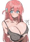  1girl absurdres bare_shoulders blue_eyes blush bocchi_the_rock! bra breasts cleavage commentary cube_hair_ornament gotoh_hitori grabbing_own_breast grey_bra grey_panties hair_ornament highres huge_breasts lace-trimmed_bra lace_trim lingerie long_hair one_side_up panties pink_hair ring_light_reflection simple_background solo sunya_(honorin-yuunibo) sweatdrop underwear white_background 