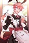  1boy :d animal_ear_hairband animal_ears apron back_bow black_dress black_hairband bow brooch chinese_commentary clipboard collar_chain_(jewelry) collared_dress cowboy_shot cross_tie crossdressing crossdressing_(mtf) day dress fake_animal_ears food frilled_apron frills fruit hair_between_eyes hairband highres holding holding_clipboard holding_pen indoors jewelry juliet_sleeves long_sleeves looking_at_viewer lovebrush_chronicles maid maid_apron maid_headdress male_focus male_maid mibu_(1064493753) official_alternate_costume paw_brooch pen plaid_clothes plaid_dress puffy_sleeves purple_eyes rabbit_ear_hairband rabbit_ears red_bow short_hair sleeve_cuffs smile solo standing strawberry tree white_apron william_(lovebrush_chronicles) window 