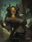  1girl aircraft airship artist_name bare_shoulders black_hair bracelet breasts cleavage commentary demon_girl english_commentary fantasy fingernails giant giantess glowing holding holding_key horns huge_breasts jewelry key lips logo long_fingernails long_hair looking_at_viewer looking_up navel navel_piercing nose original patreon_username piercing ring sharp_fingernails shurakrgt sky solo solo_focus 