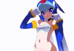  1girl bikini blue_eyes blue_helmet borrowed_clothes breasts commentary_request cowboy_shot fairy_leviathan_(mega_man) forehead_jewel helmet kaidou_zx mega_man_(series) mega_man_x_(series) mega_man_x_dive mega_man_zero_(series) ocean simple_background small_breasts solo swimsuit white_background white_bikini 