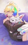  1girl absurdres ahoge animal_hug arielle_(vtuber) bare_shoulders black_choker black_nails black_shorts black_sweater blonde_hair boutsoftheblind choker closed_eyes closed_mouth commentary commission cuddling dog ear_piercing english_commentary hair_between_eyes heart heart_ahoge highres indie_virtual_youtuber multicolored_hair off-shoulder_sweater off_shoulder piercing ponytail rainbow_hair shorts sitting smile sweater thighhighs thighs vgen_commission virtual_youtuber white_fur white_thighhighs 