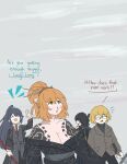  2boys 2girls ? ?? absurdres aroused_nosebleed black_hair blonde_hair blood blue_hair body_freckles commentary cyczen dawn_office_(identity)_(project_moon) freckles glasses highres hong_lu_(project_moon) hongyuan_(identity)_(project_moon) ishmael_(project_moon) kurokumo_clan_(identity)_(project_moon) limbus_company multiple_boys multiple_girls nosebleed orange_hair project_moon ryoshu_(project_moon) sinclair_(project_moon) 