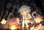  1girl animal_ears axe bandaged_arm bandages bike_shorts blush boned_meat boots braid campfire cat_ears cat_girl cat_tail chest_sarashi commentary_request commission creature crossed_bangs fake_horns fang fire food forest fur-trimmed_boots fur_trim green_eyes grey_hair helmet horned_helmet horns indie_virtual_youtuber kibisake krumroll looking_at_food meat nature night outdoors sarashi short_eyebrows side_braids sitting sitting_on_log skeb_commission smile sparkling_eyes tail tree virtual_youtuber 
