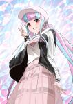  1girl abstract_background arm_at_side bang_dream! bang_dream!_girls_band_party! baseball_cap black_jacket blue_hair blunt_bangs breasts commentary_request cowboy_shot dot_nose grin hair_ornament hair_scrunchie hand_up hat heart heart_print highres hood hood_down hooded_jacket jacket layered_skirt letterman_jacket light_blush long_hair long_sidelocks long_sleeves looking_at_viewer low_twintails medium_breasts multicolored_hair nuage nyubara_reona open_clothes open_jacket piano_print pink_eyes pink_hair pink_scrunchie pink_skirt plaid_clothes plaid_skirt scrunchie see-through_clothes see-through_skirt_layer shirt shirt_tucked_in sidelocks skirt smile solo spread_fingers tareme twintails two-tone_hair v very_long_hair wego white_hat white_shirt white_sleeves 