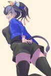  1girl animal_ears back black_hair cow_ears cow_girl cow_horns cow_tail extra_ears goshingyu-sama_(kemono_friends) highres horns jacket kemono_friends long_hair looking_at_viewer looking_back lowlandgorilla pink_background ribbon shirt shorts simple_background solo tail thighhighs yellow_eyes 