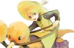  androgynous blonde_hair doduo pokemon pokemon_(game) pokemon_rgby pokemon_special pokemon_yellow reverse_trap simple_background smile tomboy yellow_(pokemon) 