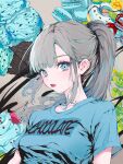  1girl aqua_eyes aqua_shirt aqua_streaks blue_shirt blunt_bangs breasts chocolate clothes_writing commentary_request donut drinking_straw eyelashes eyeshadow food fruit grey_hair highres ice_cream ice_cream_cone long_hair looking_at_viewer macaron makeup medium_breasts mint_leaf multicolored_hair nikoru333 original parted_lips pink_lips ponytail shirt short_sleeves sidelocks solo strawberry streaked_hair t-shirt upper_body 