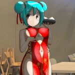  1girl :o alternate_hairstyle areola_slip blue_eyes blue_hair blush breasts chinese_clothes clothing_cutout commentary_request cowboy_shot double_bun dress expressionless food fuhrer_schlaf hair_bun hair_ribbon hatsune_miku highres holding holding_tray looking_at_viewer medium_breasts navel navel_cutout open_mouth qipao red_dress red_ribbon ribbon short_hair sideless_dress solo steamed_bun tray underboob_cutout variant_set vocaloid 
