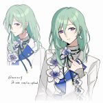  1boy alternate_hair_length_(longer) amezawa_(amzw9) black_ribbon bright_me_up!!_(ensemble_stars!) closed_mouth commentary_request earrings ensemble_stars! flower green_hair grey_shirt hair_between_eyes hand_on_own_chest highres jacket jewelry kazehaya_tatsumi layered_sleeves light_smile long_hair long_sleeves looking_at_viewer mole mole_under_eye multiple_moles_under_one_eye multiple_views neck_ribbon official_alternate_costume official_alternate_hairstyle orchid parted_lips purple_eyes ribbon shirt simple_background twitter_username upper_body white_background white_jacket 