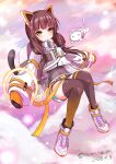  1girl alternate_costume animal_ear_headphones animal_ears asakura_karen_(heaven_burns_red) belt black_belt black_thighhighs blunt_bangs blush boots brown_hair cat cat_ear_headphones cat_ears cat_tail closed_mouth cloud commentary_request covered_navel dated day fake_animal_ears floating floating_hair full_body headphones heaven_burns_red helmet highres kiri_giri41 knees_together_feet_apart knees_up lace-up_boots long_hair looking_at_viewer loose_clothes low-tied_long_hair low_twintails midair midriff navel outdoors shorts sitting sky sleeves_past_fingers sleeves_past_wrists smile solo space_helmet split_mouth tail thighhighs twintails twitter_username white_boots white_cat white_shorts wide_sleeves zettai_ryouiki 