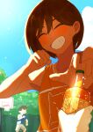  1other 2boys absurdres alternate_costume basketball_hoop blue_shirt blue_sky bottle brothers brown_hair closed_eyes cloud collarbone commentary dark-skinned_male dark_skin grey_shorts grin hero_(faraway)_(omori) hero_(omori) highres holding holding_bottle kel_(faraway)_(omori) kel_(omori) male_focus multiple_boys omori open_mouth orange_joe_(omori) outdoors shirt short_sleeves shorts siblings sky smile sweat teeth tsu_kaeki06 untranslatable_commentary 