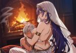  1boy 1girl arabian_clothes back bare_shoulders blue_gem blush breasts commentary_request cutlass_(classic_chocolate) dark-skinned_male dark_skin earrings faceless faceless_male fire fireplace from_behind gem grabbing_another's_breast groping hand_on_another's_head hand_on_another's_hip hands_up hetero highres holding holding_smoking_pipe indoors jewelry large_breasts long_hair looking_at_viewer looking_back original paid_reward_available purple_eyes purple_hair sitting smoking_pipe star_(symbol) veil very_long_hair voice_drama_available white_veil 