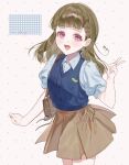  1girl bag blue_shirt blue_sweater_vest braid brown_hair brown_skirt commentary_request dkou highres kachimachi_kosuzu kachimachi_kosuzu_(hasu_no_shoushihenkei_no_kyuujitsu) looking_at_viewer love_live! love_live!_hasu_no_sora_jogakuin_school_idol_club open_mouth purple_eyes shirt short_hair shoulder_bag simple_background skirt solo sweater_vest v 