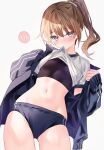  1girl black_sports_bra blue_buruma blue_jacket blush breasts brown_hair buruma closed_mouth clothes_in_mouth clothes_lift commentary_request cowboy_shot crew_neck from_below gym_shirt gym_uniform hair_intakes hair_ornament hair_scrunchie high_ponytail highres jacket long_sleeves looking_at_viewer looking_down medium_hair mouth_hold natukisigure navel open_clothes open_jacket original pink_eyes pink_scrunchie ponytail scrunchie shirt shirt_in_mouth shirt_lift short_sleeves simple_background small_breasts solo spoken_blush sports_bra standing stomach white_background white_shirt 