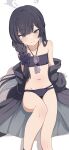  1girl absurdres bikini black_bikini black_hair black_robe blue_archive braid braid_over_shoulder breasts butterfly_hair_ornament clothing_cutout commentary_request diamond_cutout grey_eyes grey_halo hair_ornament halo highres kisaki_(blue_archive) kisaki_(swimsuit)_(blue_archive) long_hair looking_at_viewer midriff na-suke navel official_alternate_costume official_alternate_hairstyle purple-tinted_eyewear robe robe_partially_removed side_braid simple_background small_breasts solo stomach sunglasses swimsuit tinted_eyewear white_background 