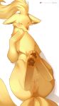  1girl ^_^ ancesra animal_focus animal_sexualization anus artist_name blonde_hair blush cleft_of_venus clitoral_hood clitoral_stimulation closed_eyes covering_own_mouth ears_down feet female_masturbation fingering fox from_above full_body hand_to_own_mouth highres large_variant_set legs_up long_hair lying masturbation motion_blur multiple_tails ninetales no_humans non-web_source on_back patreon_logo patreon_username pawpads pokemon pokemon_(creature) pussy simple_background soles solo tail uncensored variant_set watermark web_address white_background zoophilia 