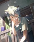  1girl absurdres against_railing alcohol animal_ear_fluff animal_ears breasts cat_ears cat_girl cat_tail cigarette cleavage closed_eyes condenser_unit earrings glass_bottle highres holding holding_cigarette jewelry leaning_forward medium_breasts multiple_earrings oceanus_(dlgodnjs6411) patio railing sake satou_yaniko shirt short_sleeves sliding_doors smoke smoking solo tail white_shirt yani_neko 
