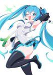  1girl aqua_eyes aqua_hair aqua_nails aqua_necktie arched_back arm_up armpits black_skirt black_sleeves blush boots breasts collared_shirt commentary_request detached_sleeves food grey_shirt hair_between_eyes hatsune_miku headset highres holding holding_food holding_spring_onion holding_vegetable ievan_polkka_(vocaloid) impossible_clothes impossible_shirt kamuraaa_615 leg_up long_hair looking_at_viewer medium_breasts miku_day miniskirt nail_polish navel necktie one_eye_closed open_mouth pleated_skirt presenting_own_armpit shirt signature simple_background skirt sleeveless sleeveless_shirt smile solo spring_onion standing standing_on_one_leg teeth thigh_boots thighs twintails upper_teeth_only vegetable very_long_hair vocaloid white_background zettai_ryouiki 