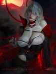  1girl artist_name blood breasts choker cleavage corset fingernails glowing glowing_eyes large_breasts lips looking_at_viewer makeup medium_hair navel original pale_skin patreon_username red_choker red_eyes red_lips red_nails sharp_fingernails shurakrgt signature solo vampire veins veiny_arms veiny_breasts white_hair 