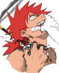  1boy 1other absurdres biting blood blue_eyes bruise bruise_on_neck clothes_grab collar commentary_request fakura false_memory fangs halo hand_in_another's_mouth highres hui_huo_(false_memory) injury leash leash_pull looking_up neckwear_grab out_of_frame ponytail red_hair simple_background spiked_collar spiked_hair spikes tan tears topless_male white_background 