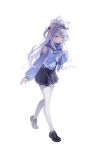  1girl absurdres ahoge black_shoes black_skirt blue_scarf blue_sweater commentary_request commission grey_hair hat hibiki-147 highres lxns original pantyhose purple_eyes scarf shoes skirt standing sweater two_side_up watermark white_background white_hat white_pantyhose 