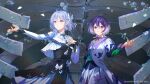  2girls absurdres ahoge air_bubble black_dress blue_eyes blue_hair bob_cut bone bubble butterfly_hair_ornament capelet choker ciel_(kamitsubaki_studio) commentary commentary_request copyright_name copyright_notice dress floral_print flower girls_revolution_project gradient_hair hair_between_eyes hair_ornament hand_on_own_chest highres kamitsubaki_studio long_sleeves mikoto_(girls_revolution_project) multicolored_eyes multicolored_hair multiple_girls neck_ribbon official_art open_mouth outstretched_arm outstretched_hand parted_lips pong_(pong_o0) purple_eyes purple_hair purple_ribbon ribbon ribs second-party_source short_hair single_sidelock skeleton spine standing upper_body white_dress 