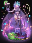  1girl :d absurdres alternate_costume aqua_hair bat_wings black_shoes breasts clothing_cutout colored_tips commentary_request fake_horns fate/grand_order fate_(series) fishnet_thighhighs fishnets frilled_leotard frills full_body hair_ribbon hairband half-closed_eyes hand_up heart_cutout highleg highleg_leotard highres holding holding_pitchfork horns kibinago_(kibinago614) legwear_garter leotard locusta_(fate) lolita_hairband looking_at_viewer multicolored_hair mushroom navel_cutout oversized_wings pink_nails pitchfork platform_shoes purple_eyes ribbon shoes short_hair slime_(substance) small_breasts smile solo teeth thighhighs upper_teeth_only wings 