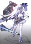  1girl absurdres backless_dress backless_outfit choco_(chocolate_shop) dress fate/grand_order fate_(series) flag gradient_background hair_between_eyes hair_ornament high_heels highres long_hair looking_at_viewer looking_back melusine_(fate) melusine_(second_ascension)_(fate) official_art purple_dress purple_eyes scan sheath solo thighhighs white_hair zettai_ryouiki 