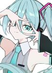  1girl aqua_eyeliner aqua_eyes aqua_hair aqua_nails aqua_necktie aqua_trim arm_tattoo bare_shoulders bel_(beloa0926) closed_mouth collared_shirt detached_sleeves double-parted_bangs eyeliner finger_frame finger_frame_over_eye grey_shirt hair_between_eyes hair_ornament hatsune_miku hatsune_miku_(vocaloid6) highres light_smile looking_at_viewer makeup necktie number_tattoo ribbed_shirt shirt side_ponytail sleeveless sleeveless_shirt solo tattoo vocaloid white_background 