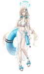  12xiaopumpit29 1girl absurdres alternate_costume alternate_hairstyle asuna_(blue_archive) bikini blonde_hair blue_archive blue_bow blue_eyes blue_halo blue_sandals blush bow breasts cleavage commentary_request cropped_shirt full_body grin hair_bow hair_over_one_eye hair_over_shoulder halo highres holding holding_swim_ring holding_water_gun large_breasts long_hair mole mole_on_breast navel off-shoulder_shirt off_shoulder partial_commentary sandals sarong see-through_clothes see-through_sarong see-through_shirt shirt short_sleeves smile solo stomach swim_ring swimsuit toes very_long_hair water_gun white_bikini white_shirt 