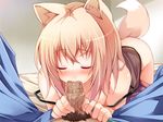  1girl animal_ears bare_shoulders bent_over blonde_hair blush brown_hair chiri_(atlanta) closed_eyes fellatio fox_ears fox_tail hetero male_pubic_hair oral original penis polka_dot pov pubic_hair saliva solo_focus strap_slip tail ten'inkou_korin 