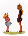  2girls aged_down animal_ears antlers black_shirt black_skirt blonde_hair blue_dress checkered_clothes checkered_sweater_vest commentary crying deer_antlers deer_ears deer_girl deer_tail deltarune dress dual_persona english_commentary furry furry_female green_sweater_vest heart heart-shaped_pillow highres holding holding_pillow horns long_hair long_sleeves multiple_girls noelle_holiday pillow rinmegus shirt short_sleeves skirt sweater_vest tail utdr_(toby_fox) 
