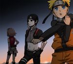  black_eyes black_hair blonde_hair blue_eyes facial_mark forehead_protector gloves haruno_sakura kamoi_hayato naruto naruto_shippuuden pink_hair sai standing stretch uzumaki_naruto 