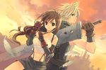  1girl belly blonde_hair blue_eyes brown_hair cloud_strife feathers final_fantasy final_fantasy_vii fingerless_gloves gloves kuga_tsukasa long_hair low-tied_long_hair midriff navel red_eyes spiked_hair sword tifa_lockhart weapon 