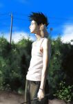  1boy animal animal_on_shoulder black_hair black_pants blue_sky brown_cat bush cat closed_mouth collarbone commentary_request day fishing_rod from_side gon_freecss highres holding holding_fishing_rod hunter_x_hunter kimgyunyu korean_commentary looking_ahead male_focus outdoors pants power_lines short_hair sky solo standing tank_top utility_pole white_tank_top 