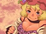  aki_minoriko blonde_hair bra breasts cleavage food food_themed_clothes fruit grapes hat large_breasts leaf lingerie looking_up onikobe_rin short_hair smile solo touhou underwear undressing upper_body 