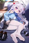  1girl absurdres ahoge ass black_shoes blue_scarf blue_sweater blush commentary_request couch daoyan feet flower foot_focus foreshortening grey_hair hair_flower hair_ornament hat highres indoors long_hair lxns no_shoes original pantyhose phone presenting_foot purple_eyes red_flower red_rose rose scarf shiny_skin shoes soles sweater thighband_pantyhose thighs toes two_side_up watermark white_hat white_pantyhose 